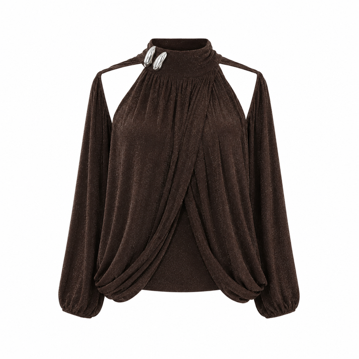 Mocha Shimmer Draped Blouse - Luxe