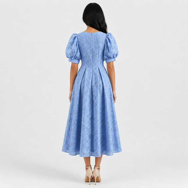 Sky Blue Lace Puff Sleeve Midi Dress - Gracem