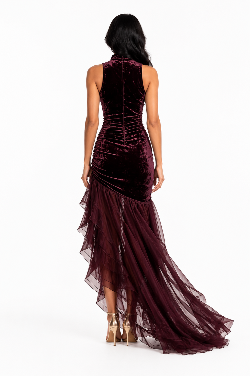 Velvet High-Low Evening Dress - Burgundy