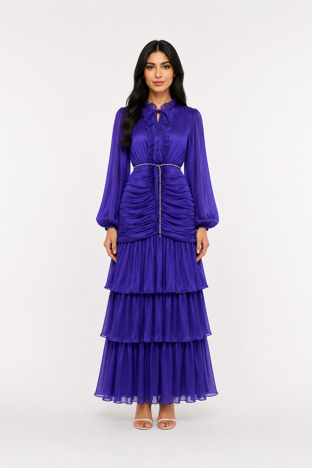 Elegant Ruched Chiffon Midi Dress - Romantic