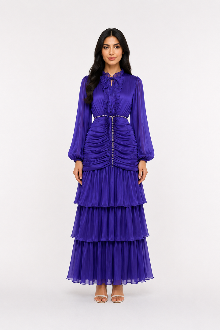 Elegant Ruched Chiffon Midi Dress - Romantic