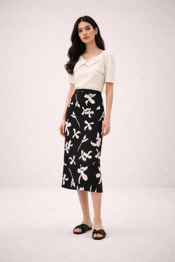 Monochrome Floral Midi Pencil Skirt-SIDANY