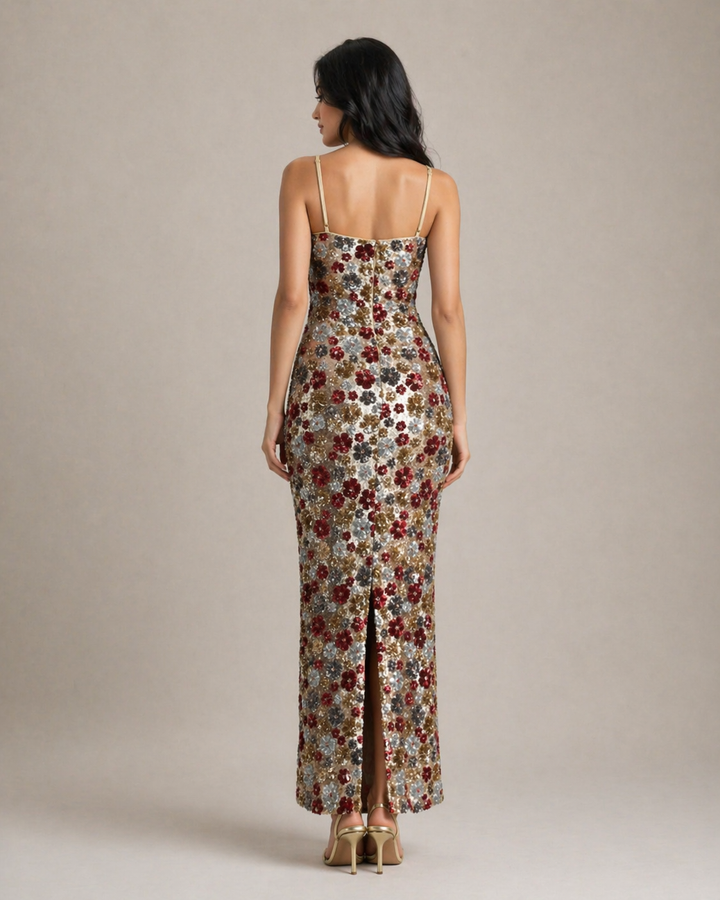 Floral Sequin Bodycon Maxi Dress with Spaghetti Straps - ROSÉLIA