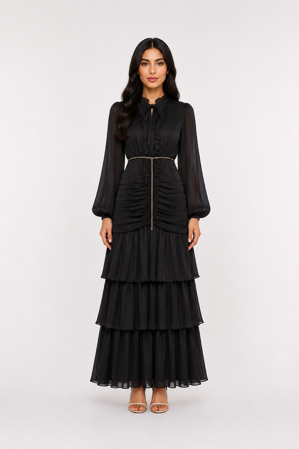 Elegant Ruched Chiffon Midi Dress - Romantic