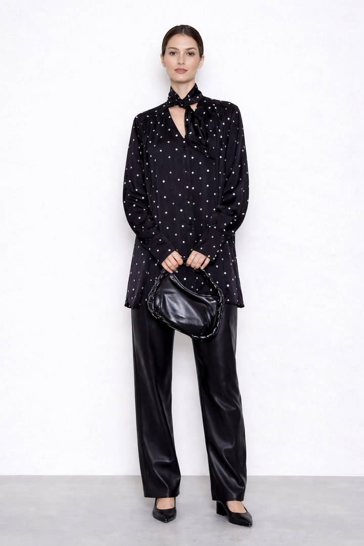 Elegant Polka Dot Tie-Neck Blouse  Black Sheer Long Sleeve Top-RIZARY
