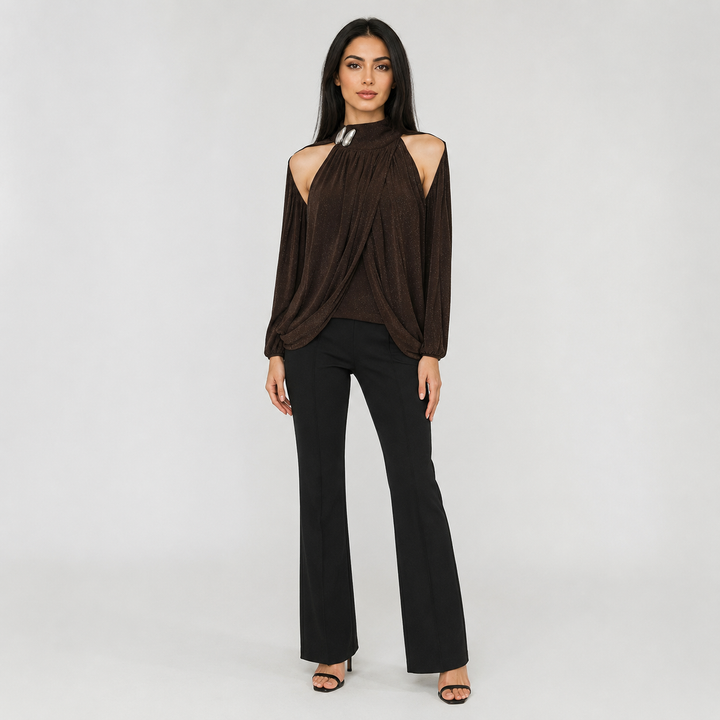 Mocha Shimmer Draped Blouse - Luxe
