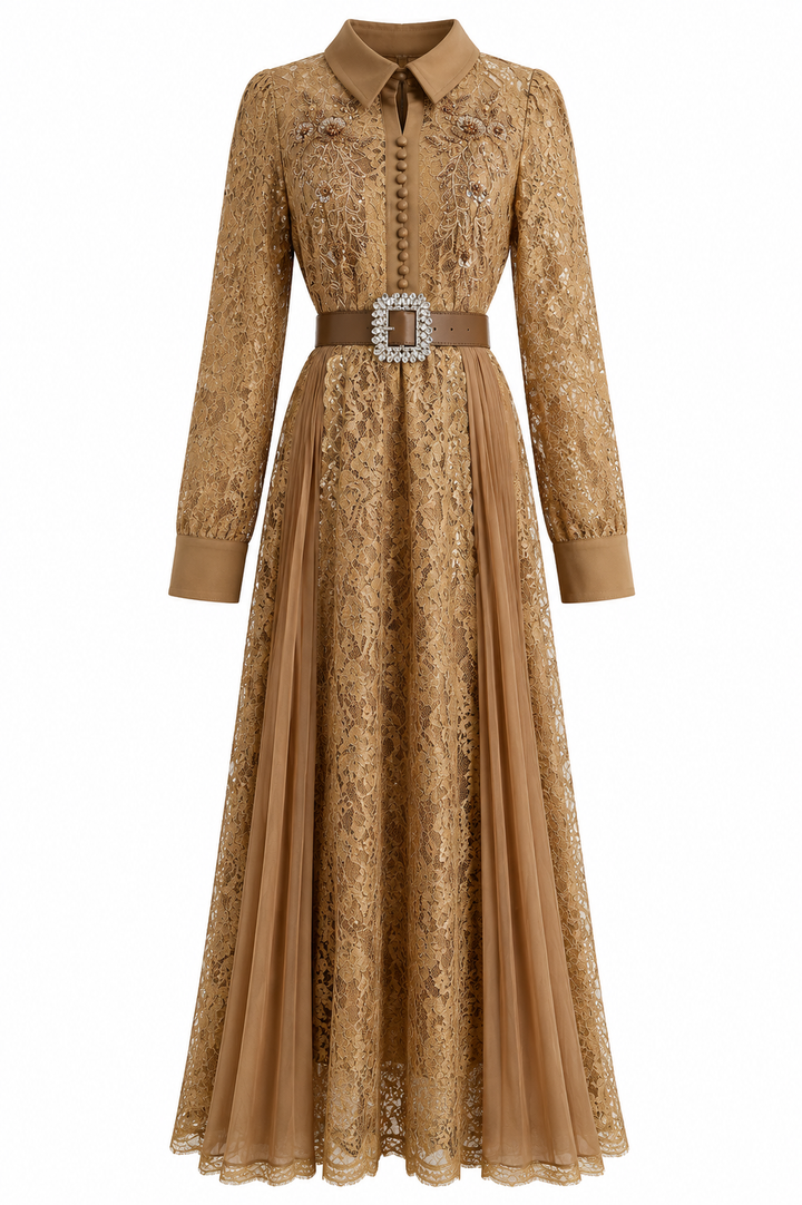 Golden Lace Pleated Maxi Dress - Majesty