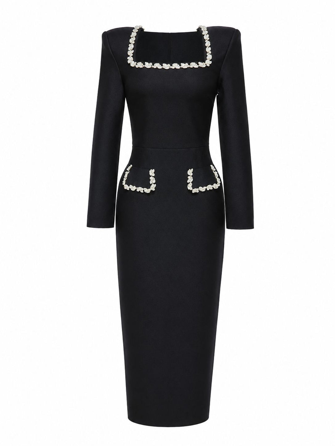 Crystal Trim Square Neck Midi Dress - Elegance