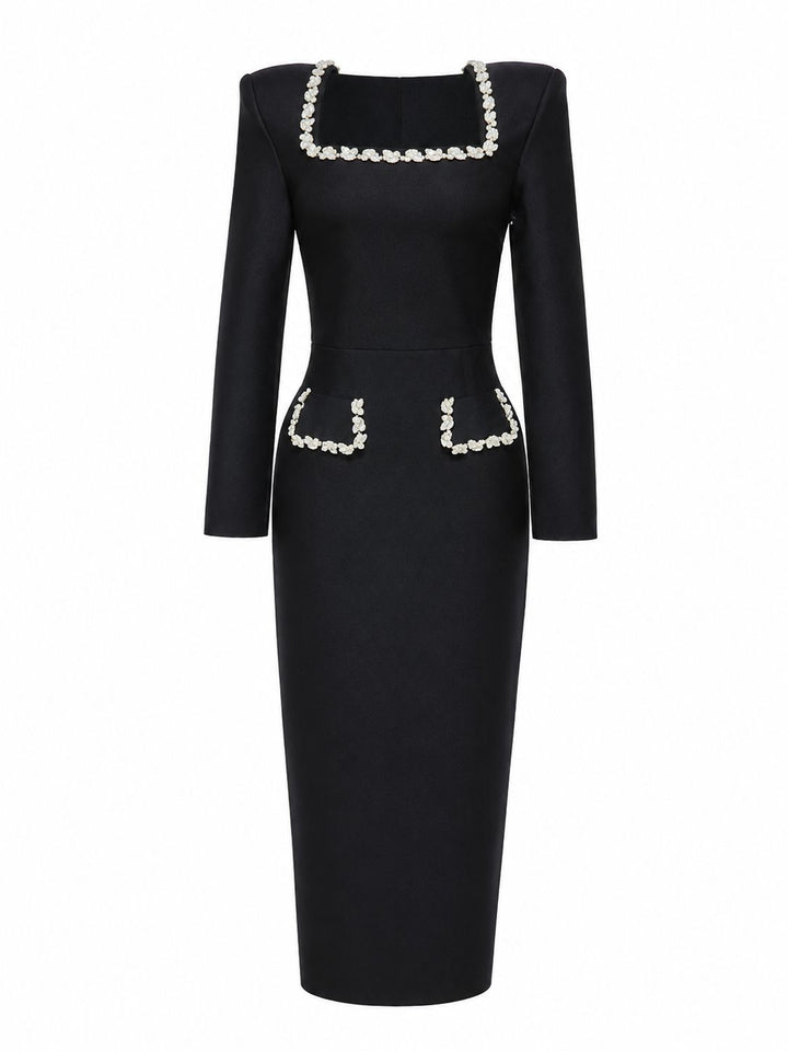 Crystal Trim Square Neck Midi Dress - Elegance