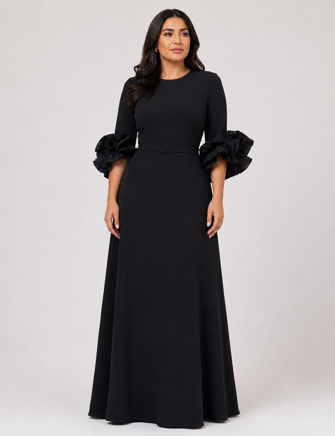 belted maxi dress with organza ruffle cuffs – NAVELLA-1