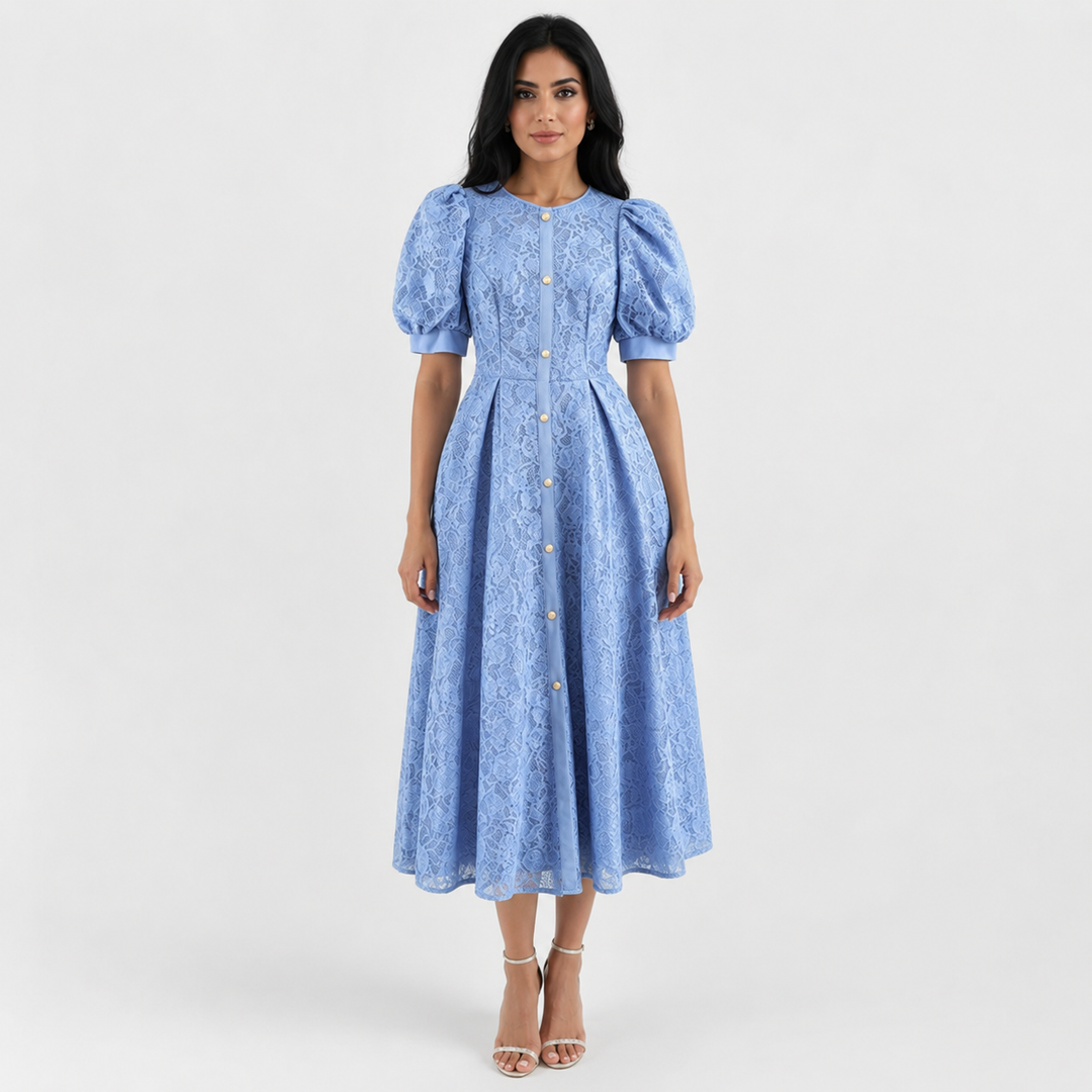 Sky Blue Lace Puff Sleeve Midi Dress - Gracem