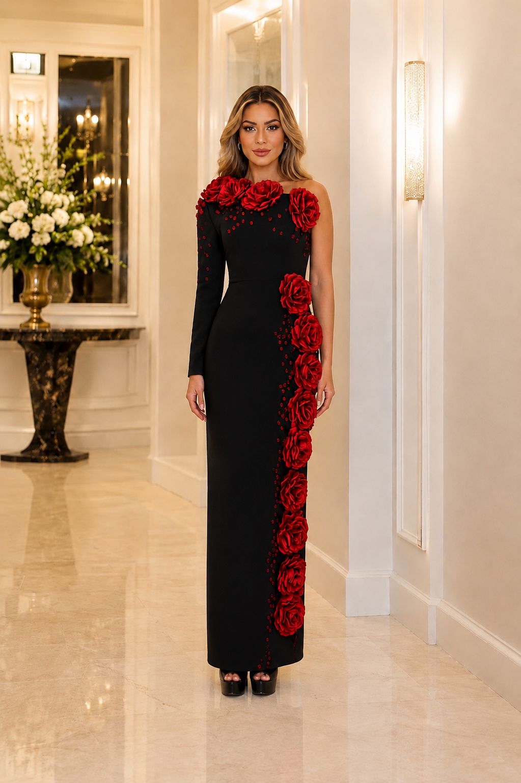 Midnight Rose Embellished Evening Dress - Passion
