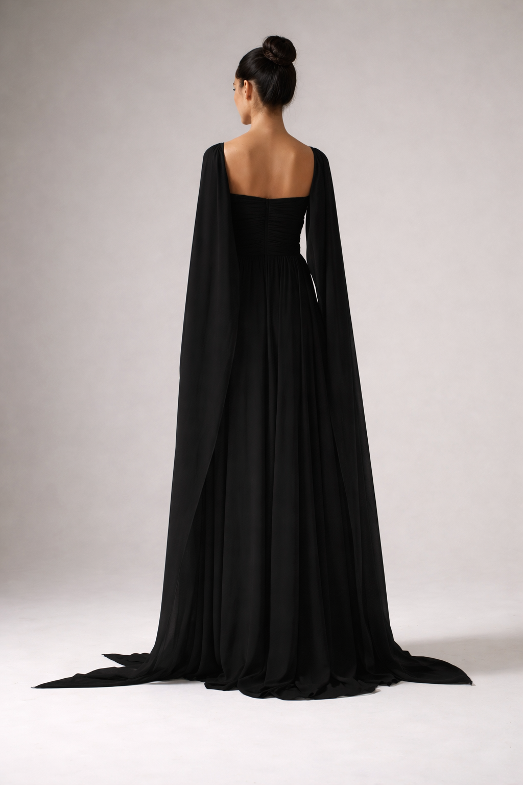 strapless chiffon maxi dress with flowing cape sleeves – NOIR