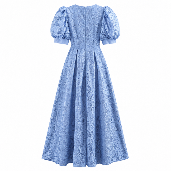 Sky Blue Lace Puff Sleeve Midi Dress - Gracem