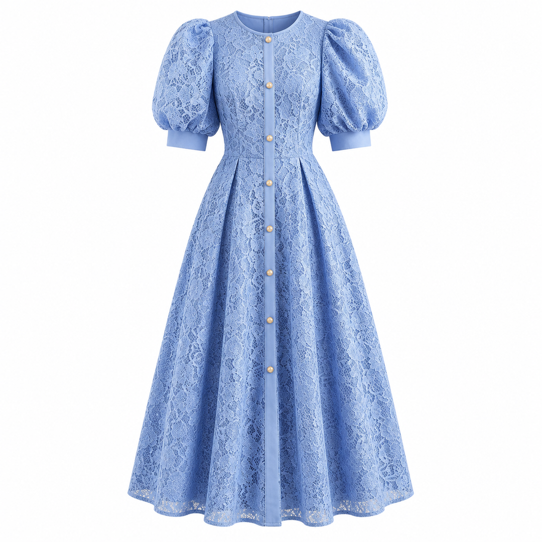 Sky Blue Lace Puff Sleeve Midi Dress - Gracem