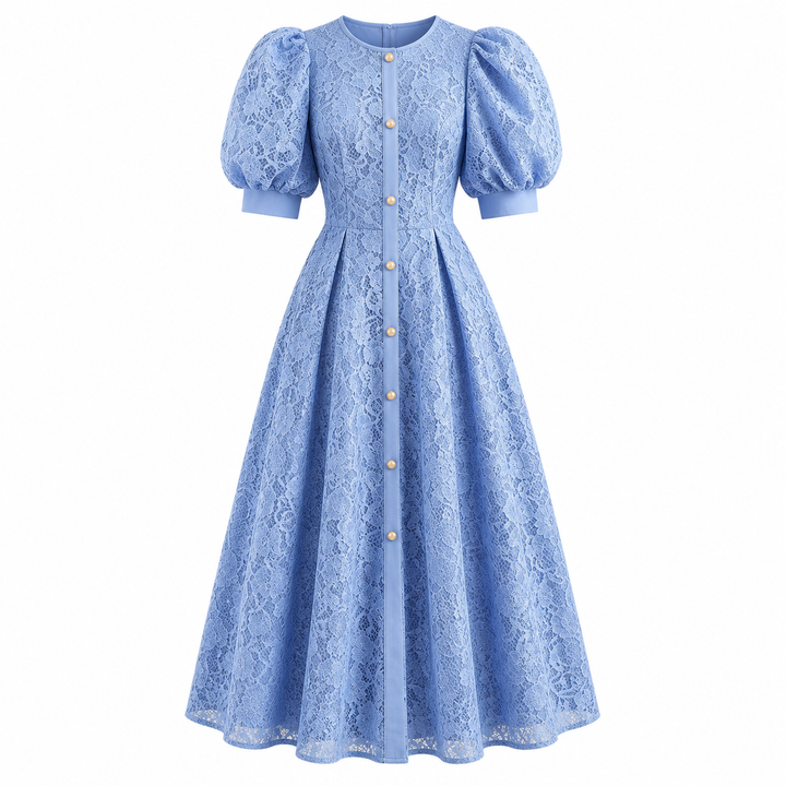 Sky Blue Lace Puff Sleeve Midi Dress - Gracem