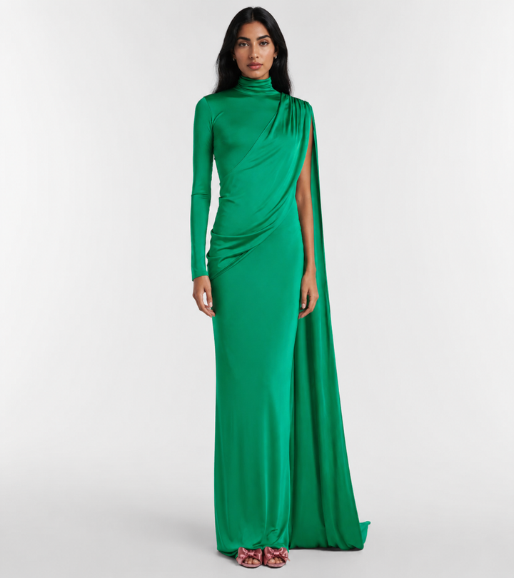 Emerald Draped Cape Evening Gown - Elara