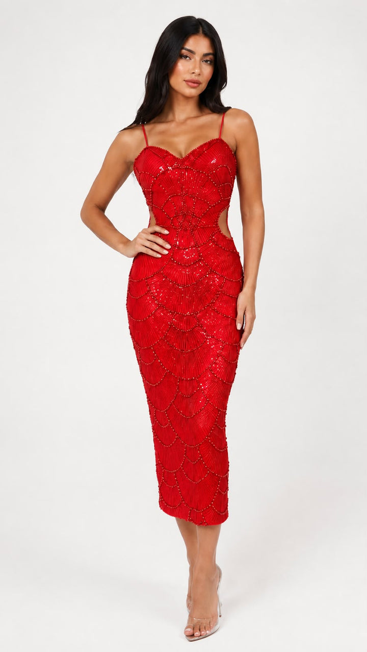 Pearl Beaded Midi Dress - Opulence