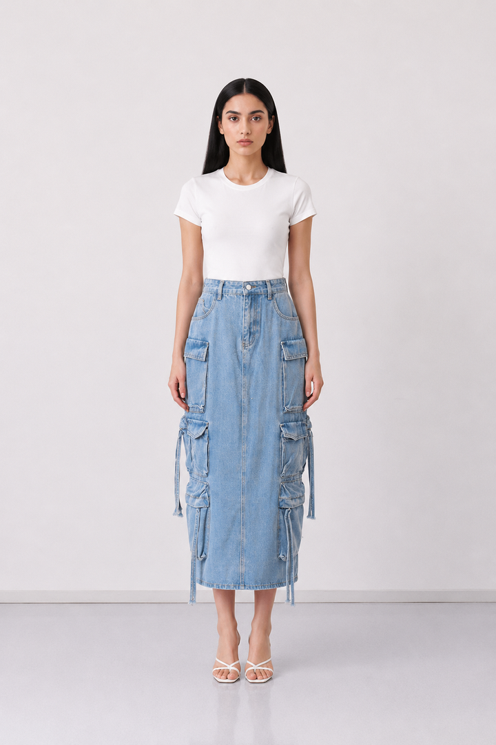 Cargo Denim Maxi Skirt - Utility