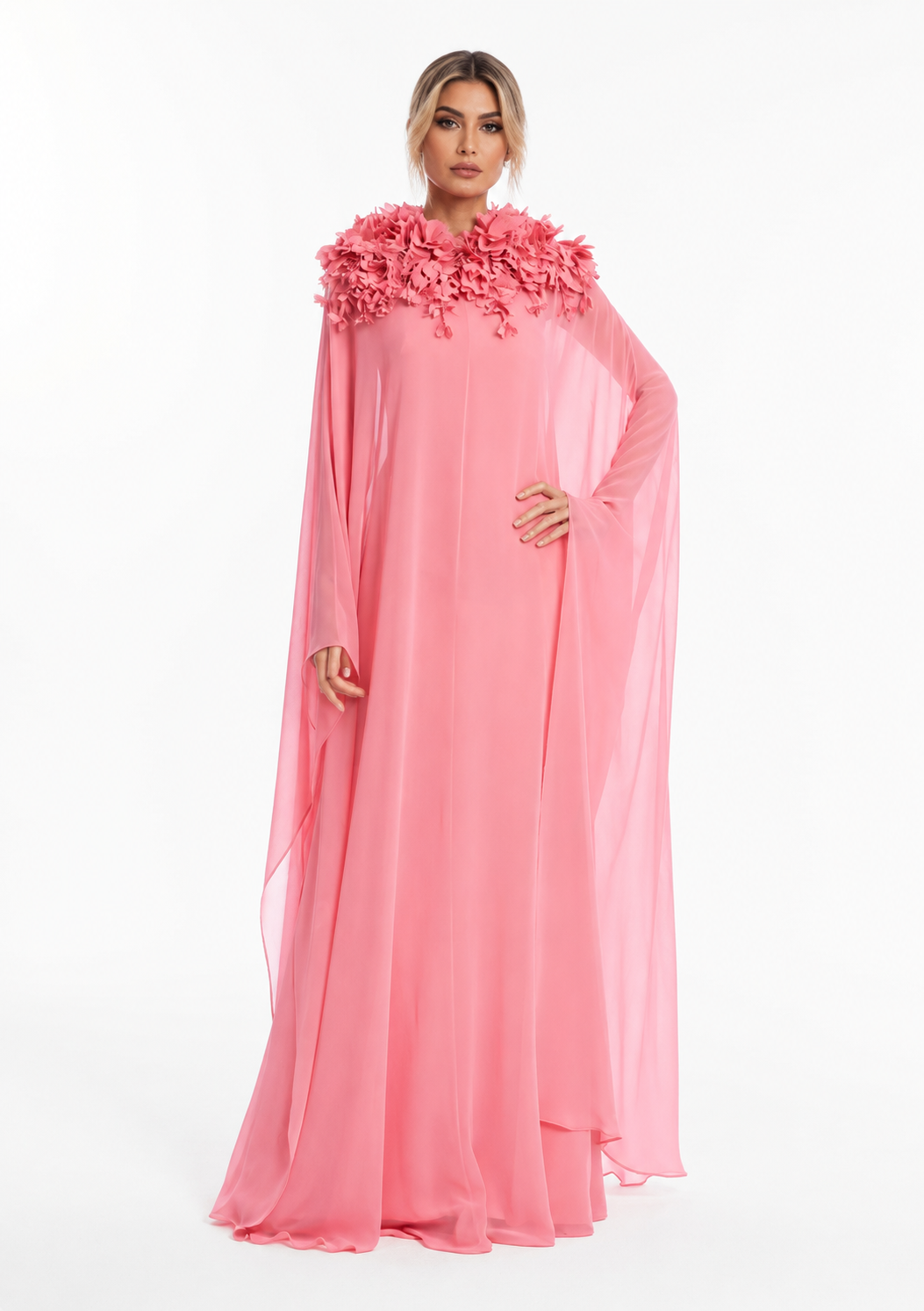 Floral Collar Chiffon Kaftan Gown - Blush