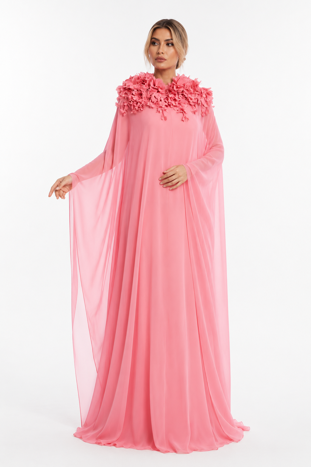 Floral Collar Chiffon Kaftan Gown - Blush