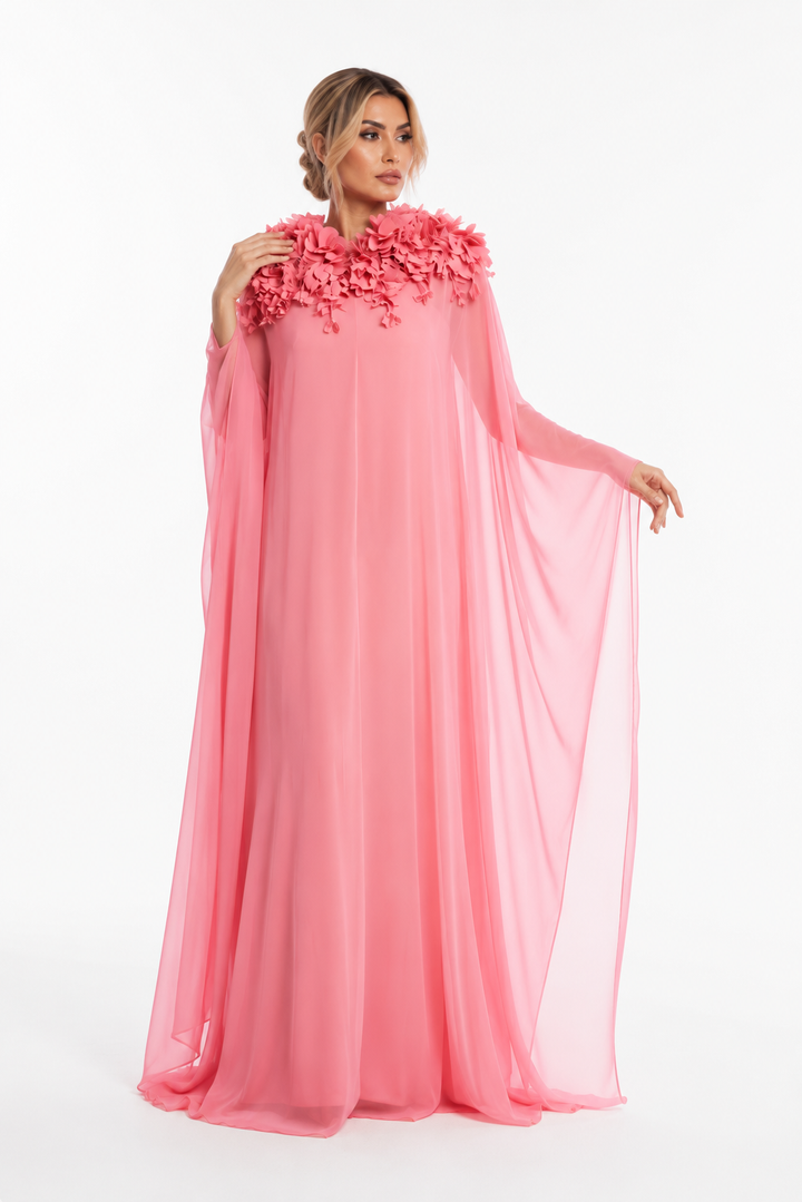 Floral Collar Chiffon Kaftan Gown - Blush