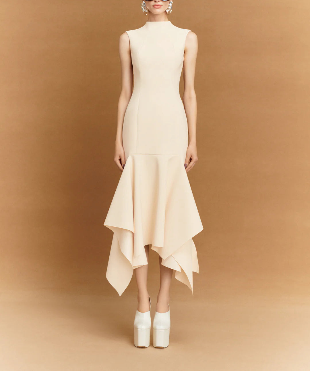 sleeveless high-neck midi dress with asymmetric flounce hem – TRINITY