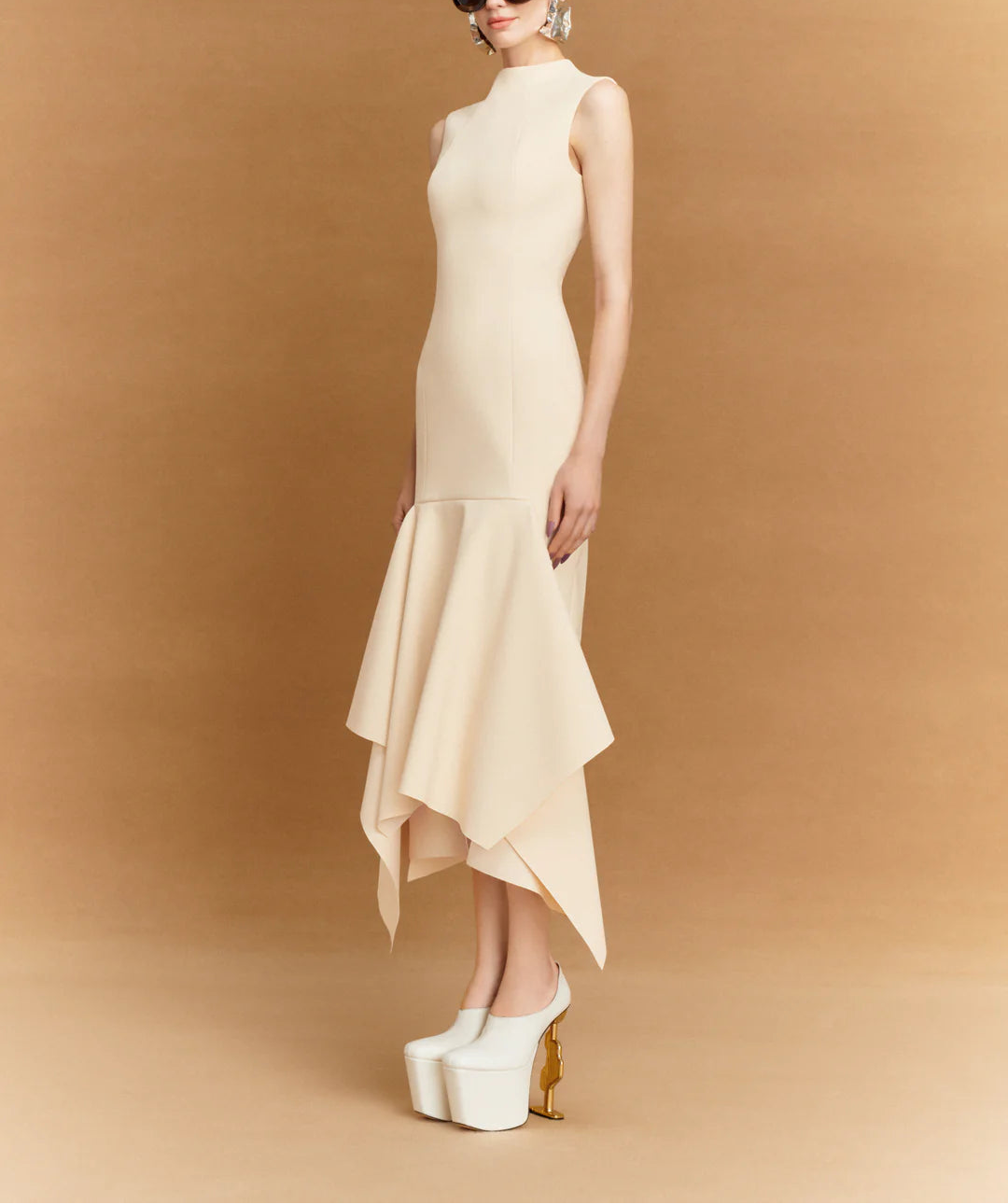 sleeveless high-neck midi dress with asymmetric flounce hem – TRINITY
