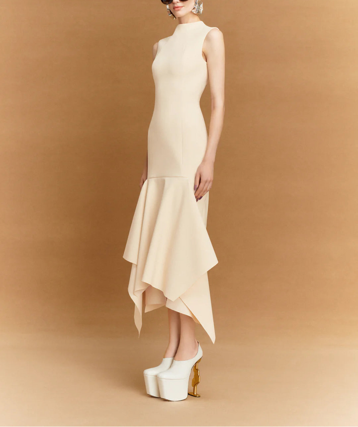 sleeveless high-neck midi dress with asymmetric flounce hem – TRINITY