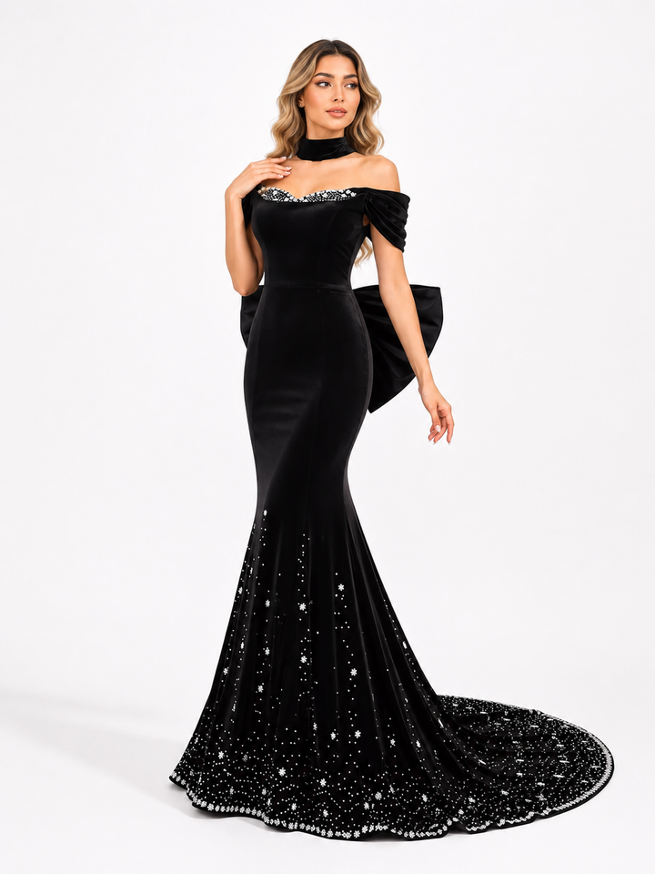 Crystal Off-Shoulder Mermaid Gown - Midnight