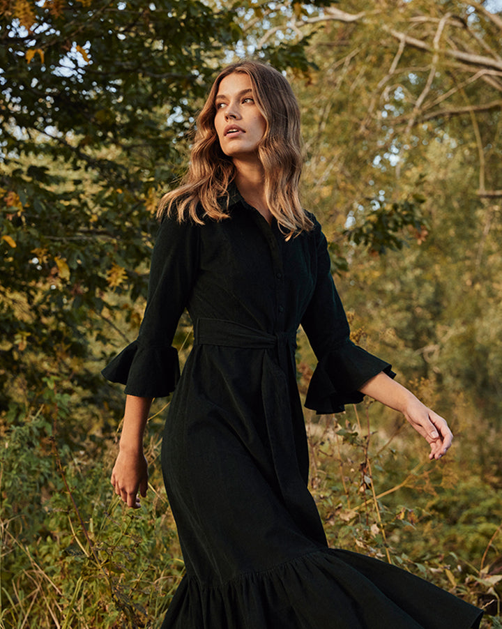 flared cuff midi dress with pleated bodice – SAIILA