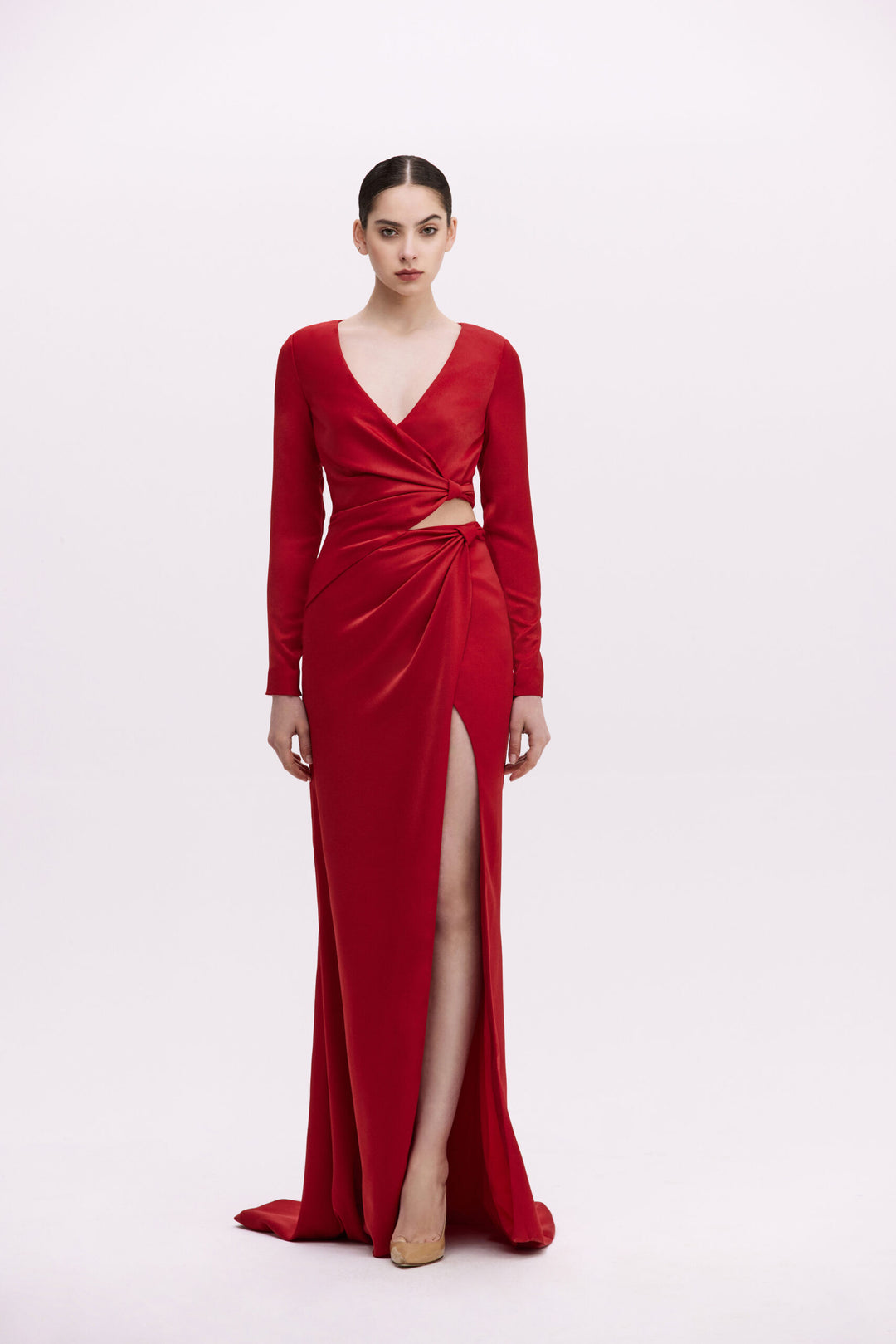 Wrap-front satin gown with waist twist and slit – RUBINA