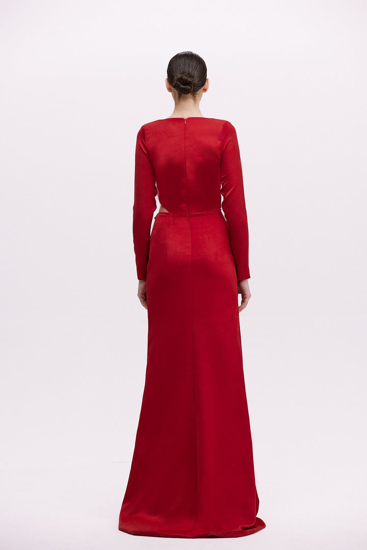 Wrap-front satin gown with waist twist and slit – RUBINA