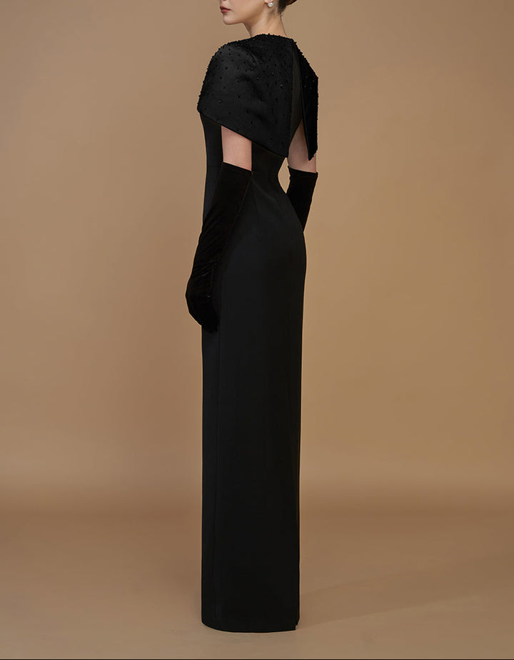 embellished mini-cape column gown – ADRIANA