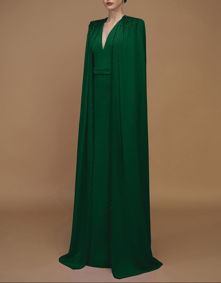 beaded cape gown with plunging neckline – SERAPHINA