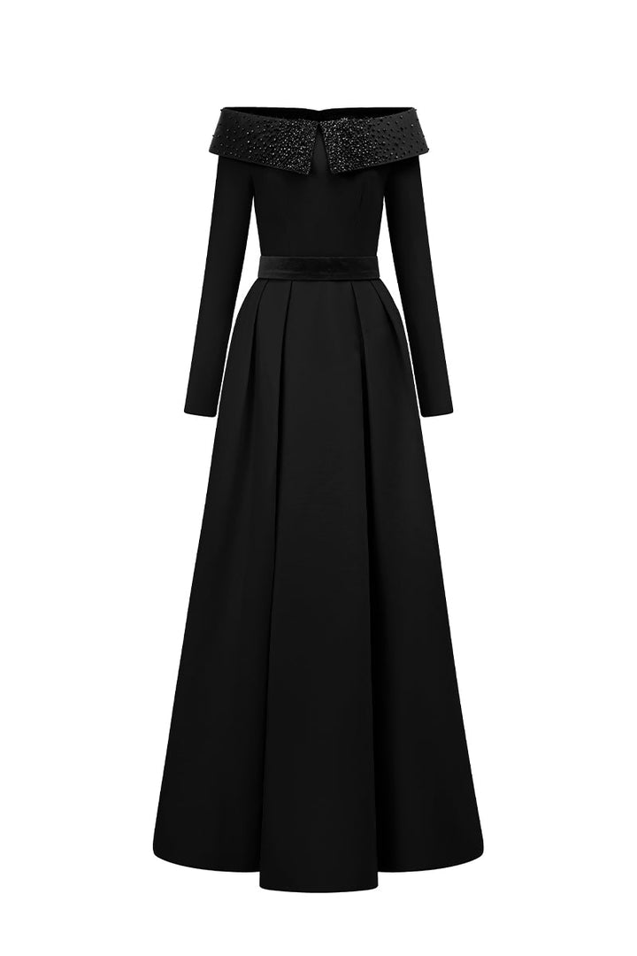off-shoulder embellished gown with long sleeves – VESPERA