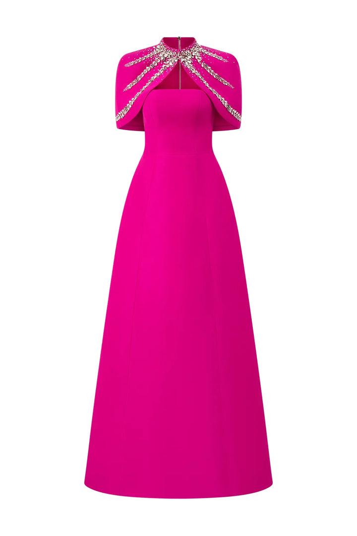 Strapless A-line dress with embellished shoulder cape - SERENA