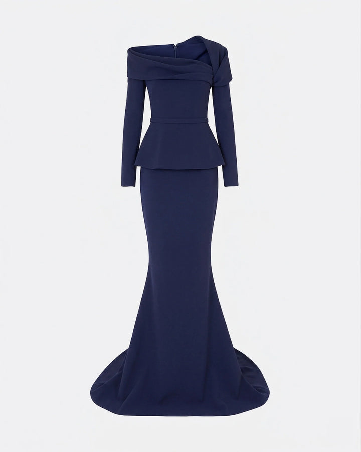 off-shoulder draped gown with peplum waist – SERENL