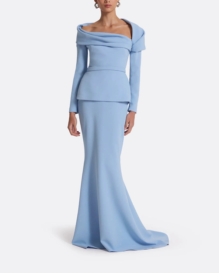 off-shoulder draped gown with peplum waist – SERENL-1