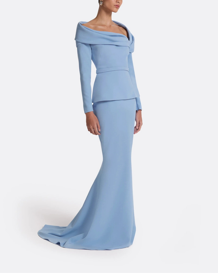 off-shoulder draped gown with peplum waist – SERENL-1