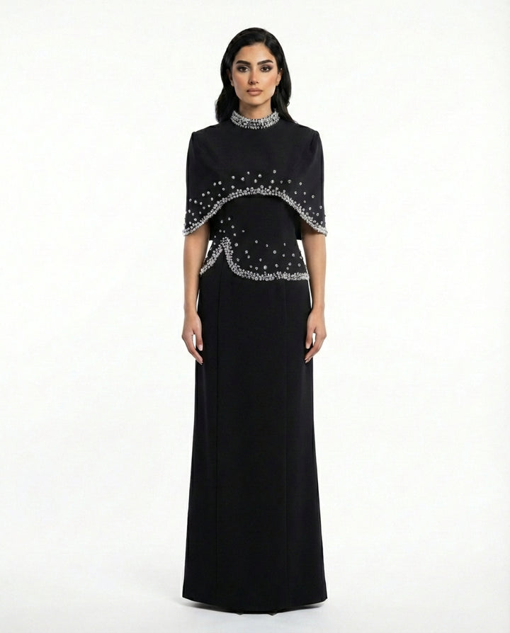 high-neck embellished cape gown – CONSTELLATION