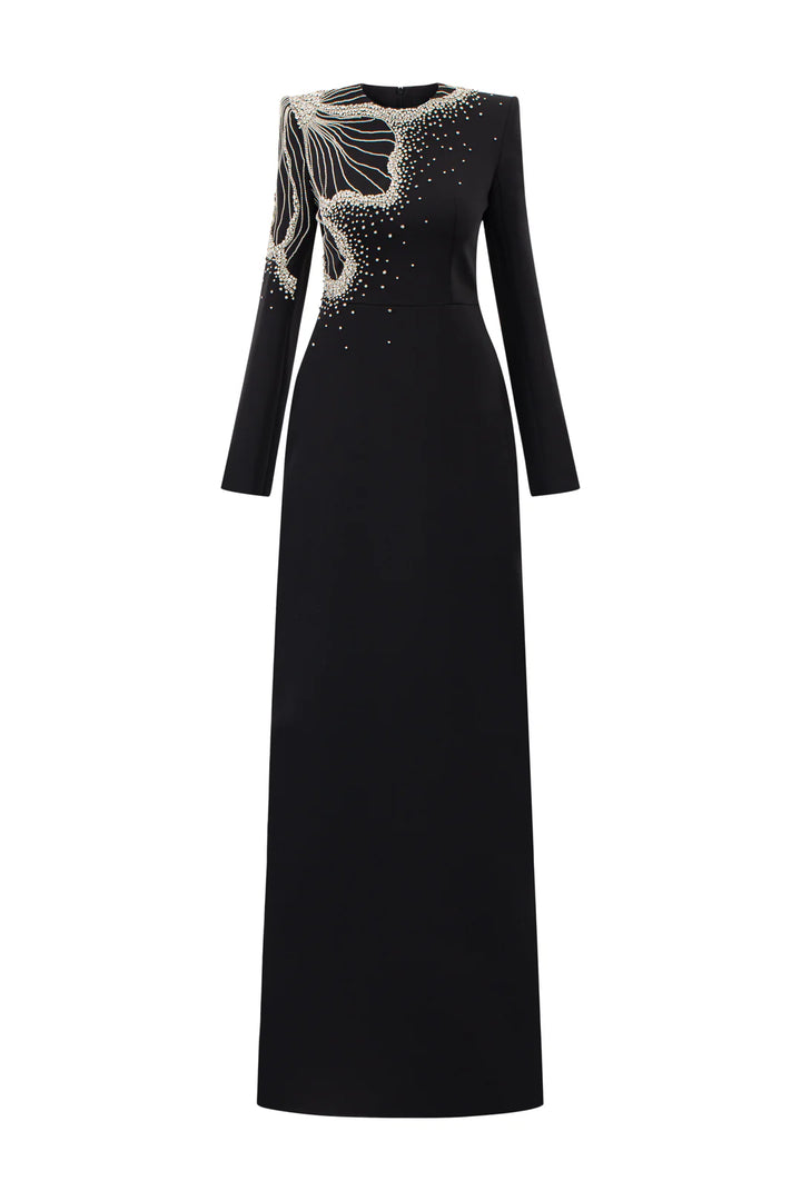 Long-Sleeve Column Dress with Beaded Floral Detail - CELESTE