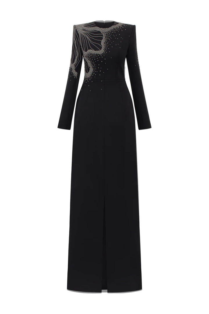 Long-Sleeve Column Dress with Beaded Floral Detail - CELESTE