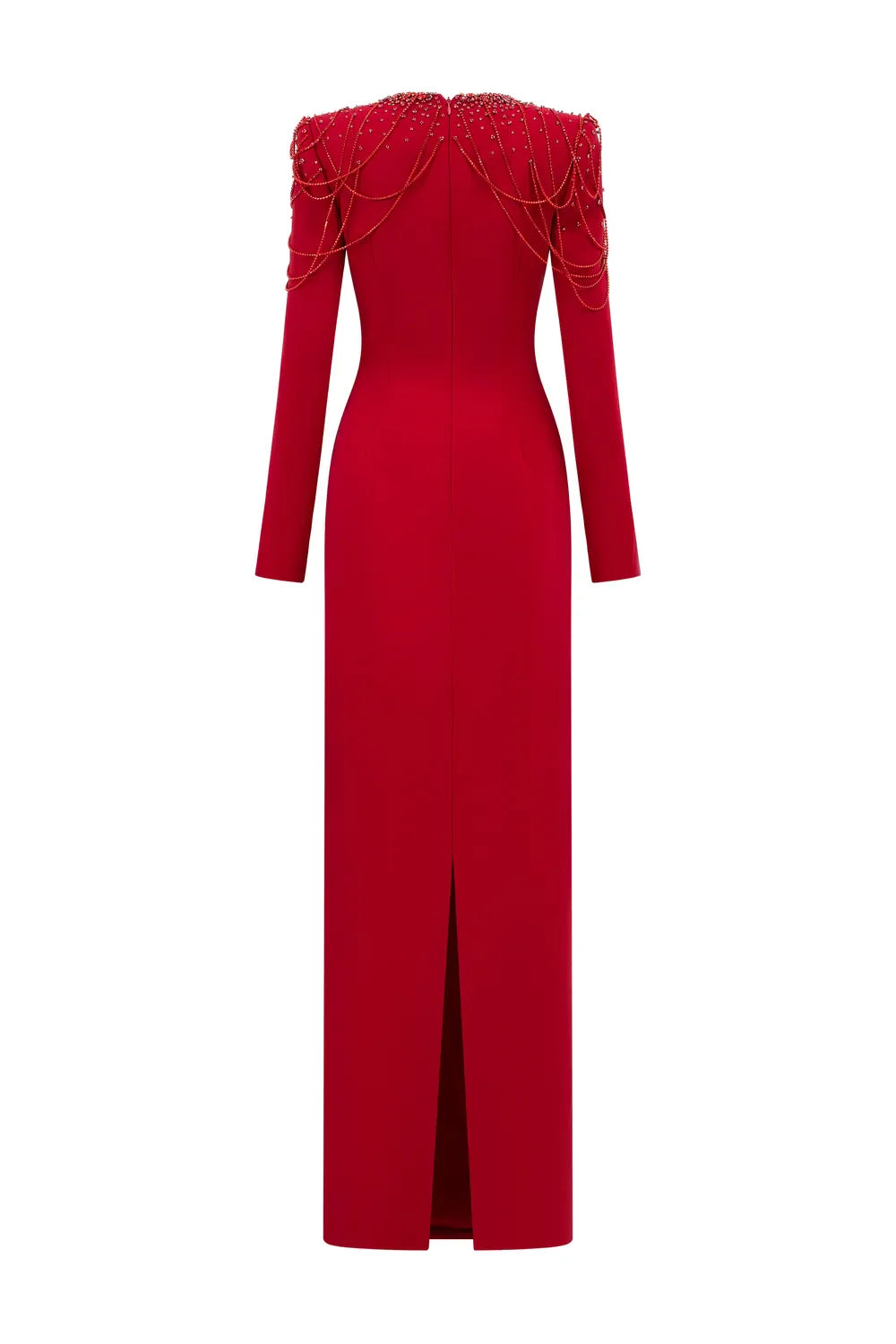 Long-Sleeve Column Dress with Beaded Shoulder Chains - ASTRA