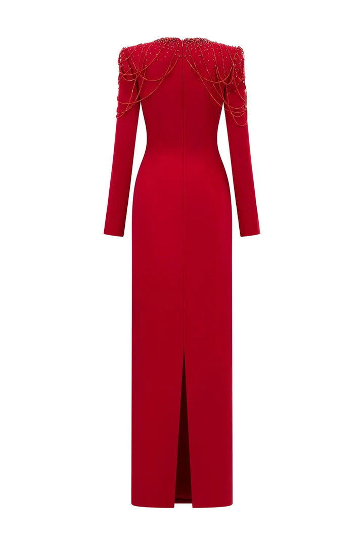 Long-Sleeve Column Dress with Beaded Shoulder Chains - ASTRA