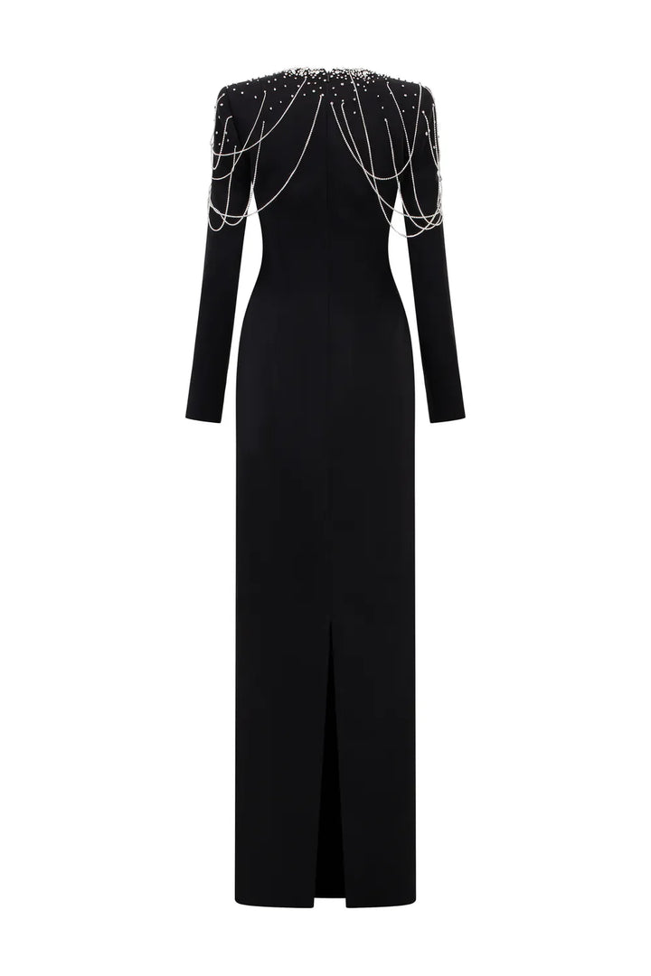 Long-Sleeve Column Dress with Beaded Shoulder Chains - ASTRA