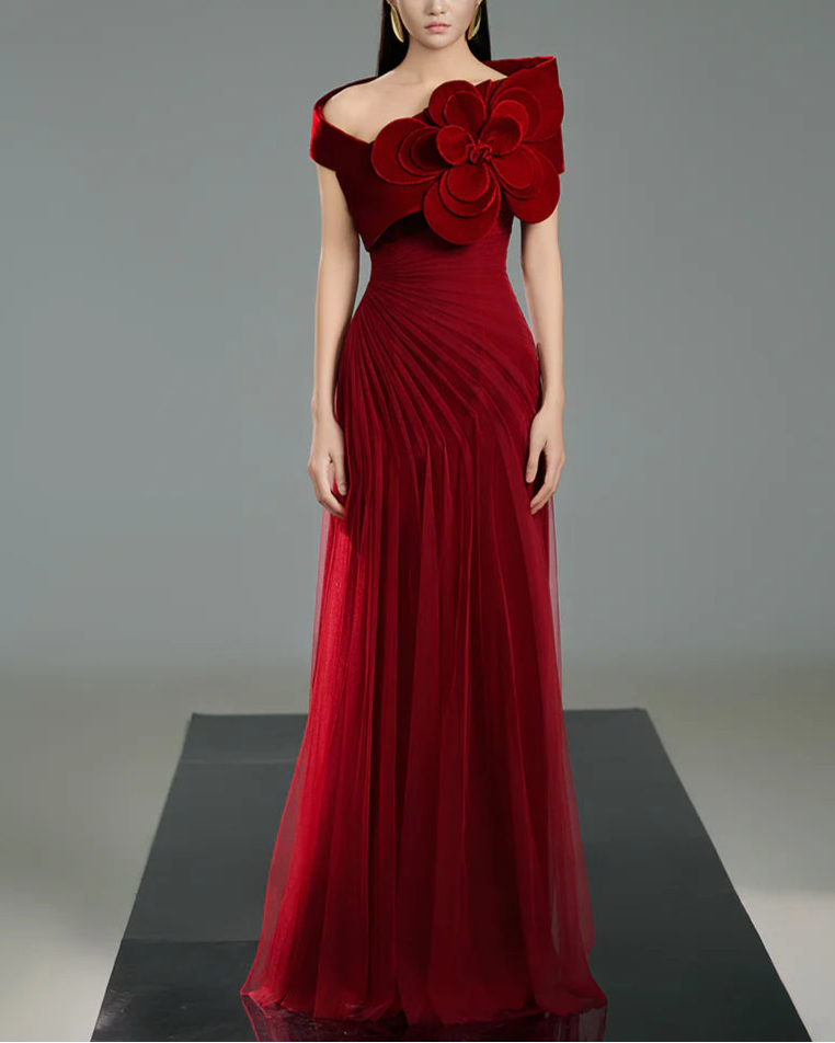 Off-shoulder pleated gown with oversized floral detail – SCARFAH