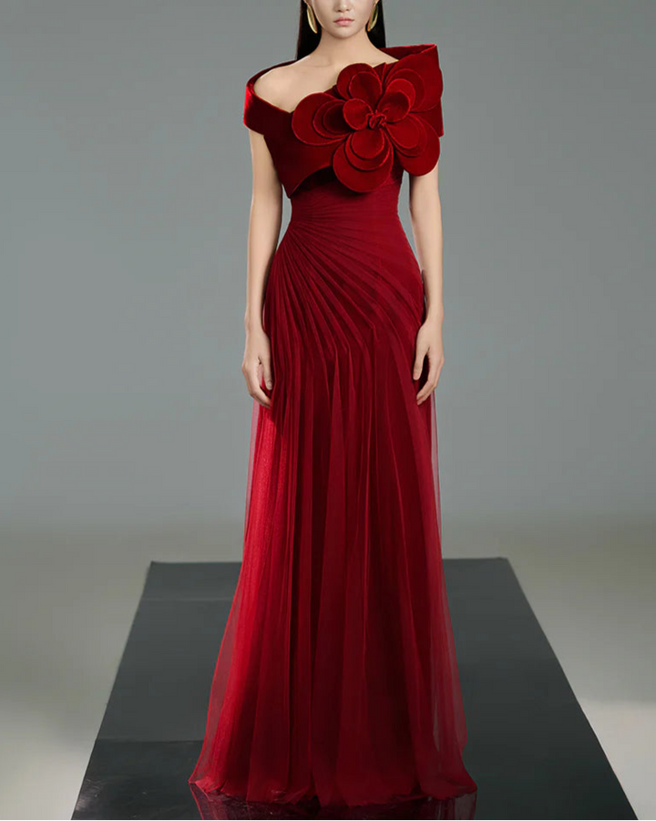 Off-shoulder pleated gown with oversized floral detail – SCARFAH