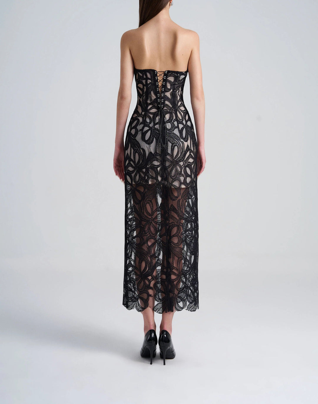 strapless lace midi dress with sheer corset bodice – AURFA