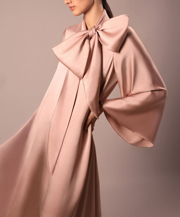 Long-sleeve satin gown with oversized neck bow – BLUSH-1